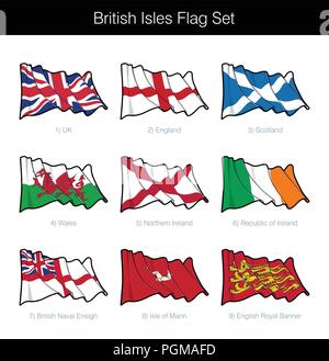 Britische Inseln wehende Flagge gesetzt. Das Set beinhaltet die Flaggen von Großbritannien, England, Schottland, Wales, Nordirland, der Republik Irland, die Britische Marine, ist Stock Vektor