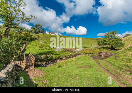 North Pennines AONB Landschaft, Birke Bush Farm, Ettersgill, Teesdale, UK im späten Sommer Sonnenschein Stockfoto