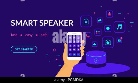 Smart Lautsprecher, Voice Command device auf Smartphone und nützlichen Apps verbunden. Flache Vektor neon website Vorlage und landing page Design der menschlichen Hand w Stock Vektor
