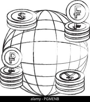 World Business gestapelte Münzen Yen Dollar franc Rubel Stock Vektor