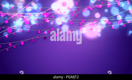 Ein frohes 3d-Abbildung von Weihnachten string Girlanden aus rosa Glühlampen und verschwommenes Celeste und gelbe Bälle in der violette Hintergrund. Sie blenden happil Stockfoto