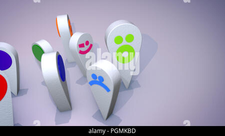 Ein amüsanter 3d-Abbildung der lächelnden bunte Emoticons wie große Tropfen und und eine Drehung nach dem anderen glücklich in den grauen Hintergrund. Stockfoto