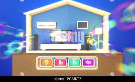 Eine schöne 3D-Abbildung eines symmetrischen smart home mit vier drückte Tasten leuchtet eine Stehleuchte verbunden, schwarz TV plasma, langen, rechteckigen Lautsprecher Stockfoto