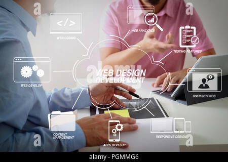 Die Entwicklung Programmierung und Coding Technologies mit Web site Design in Virtuellen Diagramm. Geschäftsleute arbeiten gemeinsam an einem Dokument und mit smart phone Stockfoto