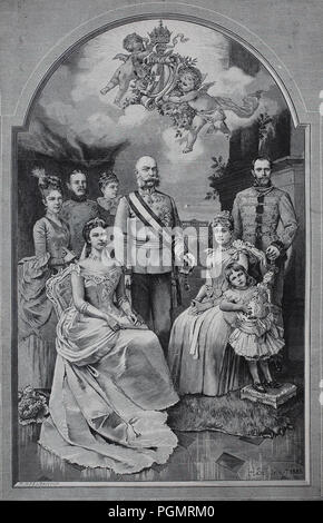 Kaiserin Elisabeth von Österreich, Franz Joseph I., Erzherzogin Marie Valerie, Erzherzogin Gisela, Stephanie und Elisabeth Leopold von Bayern, Erzherzog Rudolf, digital verbesserte Reproduktion eines Holzschnitt aus dem Jahr 1880 Stockfoto