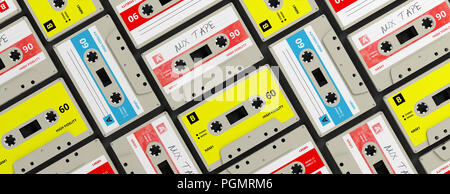 70er 80er Jahre Party Musik. Vintage audio Kassetten Hintergrund, Banner. 3D-Darstellung Stockfoto