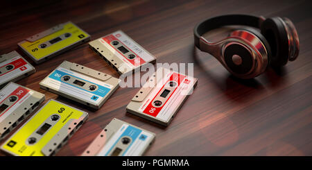 70er 80er Jahre Party Musik. Vintage audio Kassetten- und DJ-Kopfhörer, Holz- Hintergrund. 3D-Darstellung Stockfoto