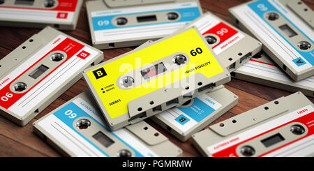 70er 80er Jahre Party Musik. Vintage audio Kassetten auf hölzernen Hintergrund, 3 Abbildung d Stockfoto
