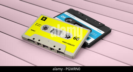 70er 80er Jahre Party Musik. Vintage audio Kassetten auf rosa Hintergrund Holz isoliert. 3D-Darstellung Stockfoto