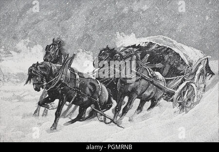 Vier - Pferd Pferdekutsche in den Schnee stecken, digital verbesserte Reproduktion eines Holzschnitt aus dem Jahr 1880 Stockfoto