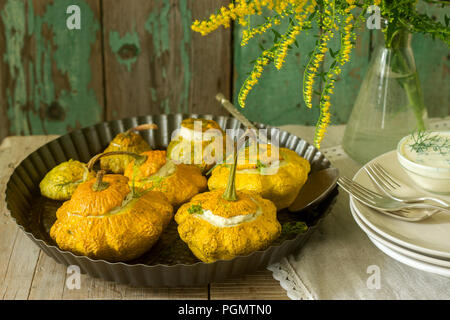 Pattypan Squash oder Kürbisse, gefüllt mit Ricotta mit Basilikum und Dill und serviert mit saurer Sahne Soße. Vegetarisches Essen, rustikaler Stil, selektiven Fokus. Stockfoto