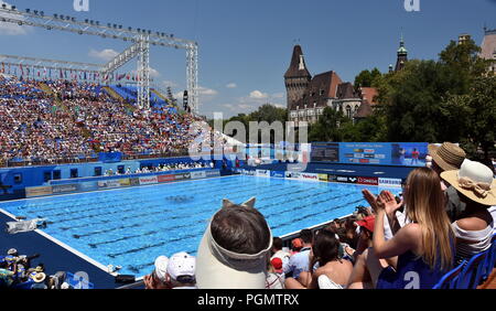 Budapest, Ungarn - 18.Juli 2017. Menschen beobachten Synchro team Leistung in Varosliget auf der FINA Synchronschwimmen Weltmeisterschaft. Stockfoto