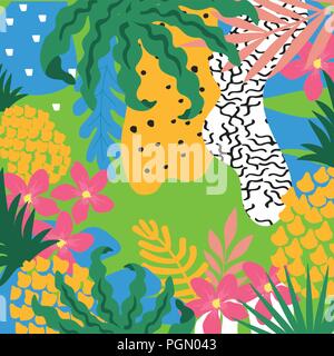 Tropischen Dschungel Blätter Hintergrund. Tropische Blumen poster Design. Exotische Blätter, Pflanzen, Zweige und Blumen Kunstdruck Stock Vektor
