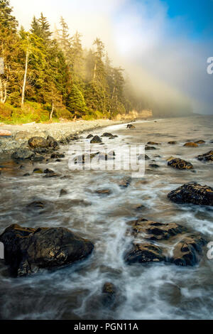 Felsige Küstenlinie von Mystic Beach - Juan De Fuca Marine Trail - Sooke, in der Nähe von Victoria, Vancouver Island, British Columbia, Kanada Stockfoto