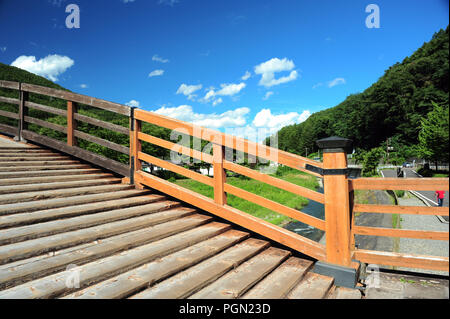 KISO OOhashi Holz-, Brücke in Narai-Juku Stockfoto