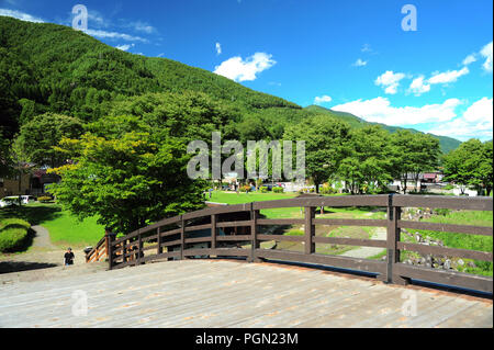 KISO OOhashi Holz-, Brücke in Narai-Juku Stockfoto