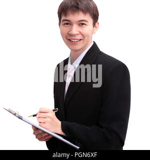 Glückliche junge Geschäftsmann, Closeup Portrait des asiatischen mit lächelnden Ausdruck auf weißem Hintergrund. Stockfoto