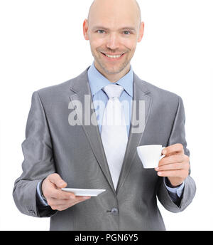 Geschäftsmann, trinken Kaffee. In den weißen Hintergrund. Stockfoto