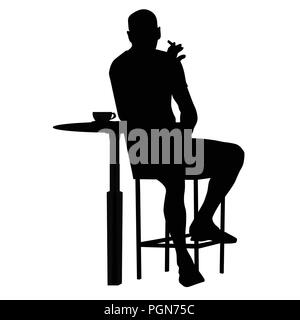 Mann Silhouette an einem Tisch im Café, in der Bar, im Restaurant oder Pub auf weißem Hintergrund sitzen, Vektor, Abbildung Stock Vektor