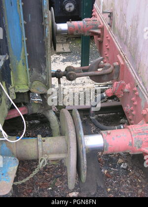 Nahaufnahme der Kopplung zwischen zwei Wagen auf dem Erbe Steam Railway, Northampton & Lamport, Northamptonshire Stockfoto