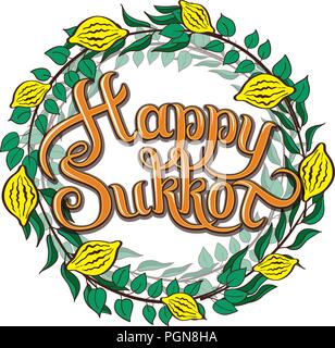 Happy Sukkot jüdische Feiertag Grußkarte. Rahmen mit Urlaub Symbole Etrog, lulav Hadas und Arava. Vector Illustration. Auf weissem Hintergrund. Stock Vektor