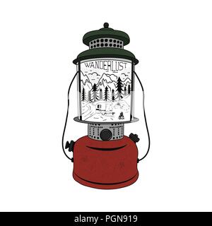 Vintage hand drawn Camping Lantern Emblem. Mountain adventure inside. Camp T-shirt. Funny hiking concept for tee. Perfect for any adventurer, wanderlust lovers or hikers. Stock vector. Stock Vektor