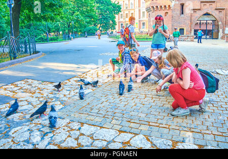 Krakau, Polen - 11. Juni 2018: Die Kinder Füttern der Tauben im City Park, Polen, am 11. Juni in Krakau Stockfoto