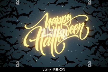 Halloween glühende Nacht Hintergrund mit Fledermäusen. Kalligraphie, Schrift. Vector Illustration Stock Vektor