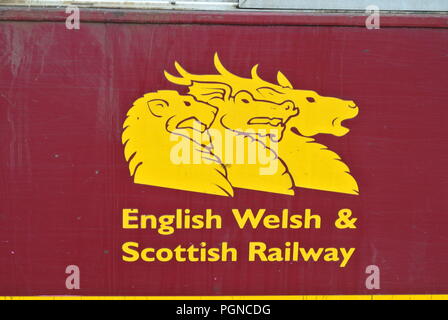 EWS (English Welsh & Scottish Railway) Logo an der Seite der Class 66 Lokomotive 66138 am Bahnhof Newton Abbot, Devon, England. Stockfoto