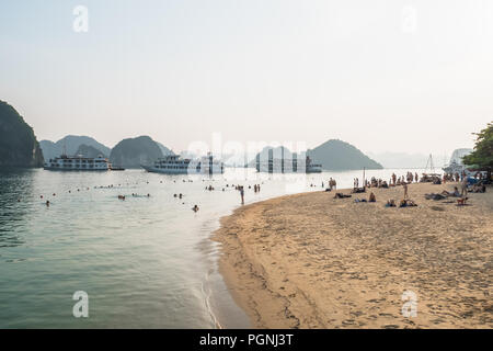 Halong Bay - November 3.2017: Touristen können in Ti Top Island schwimmen und am Strand entlang erkunden. Stockfoto