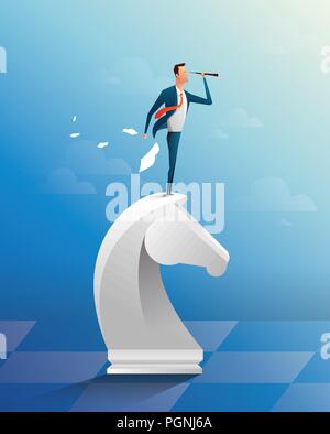 Geschäftsmann auf Pferd Schachfigur mit Teleskop auf der Suche nach Erfolg, Chancen, zukünftige Geschäftsentwicklung. Erfolgreiche Geschäftsstrategie Konzept. Cartoon Vector Illustration. Stock Vektor
