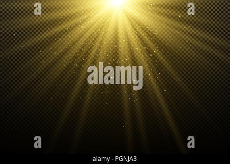 Goldenes Licht Effekt auf einem dunklen transparenten Hintergrund. Blicke bokeh. Golden magischen Strahlen. Helle Explosion. Sonnenlicht. Weihnachten Licht. Vektor Lllustrat Stock Vektor
