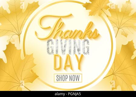 Happy Thanksgiving Day. Festliche Abdeckung für Ihr Design. Grußkarte. Blätter von Ahorn. Kalligraphie und Schrift. Herbst Web Banner zum Verkauf. Vektor i Stock Vektor