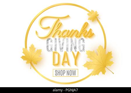 Happy Thanksgiving Day. Festliche Abdeckung für Ihr Design. Grußkarte. Blätter von Ahorn. Kalligraphie und Schrift. Herbst runde Web Banner zum Verkauf. Ve Stock Vektor