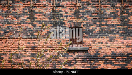 Alten rostigen vergitterten Fenster auf einem viktorianischen Brick Warehouse. Stockfoto