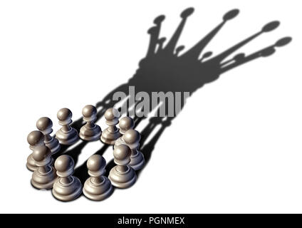 Konzept der Business Leadership als eine Gruppe von Schach schachfigur Stücke zusammen als ein Team zu führen und ein König Stück Form als 3D-Darstellung. Stockfoto