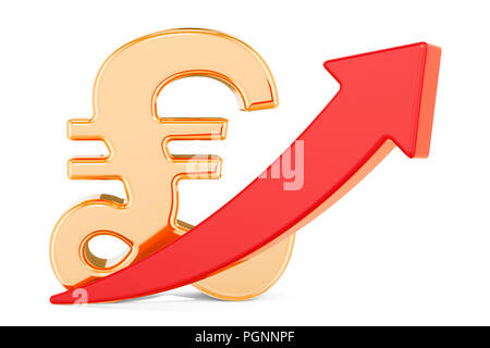 Pfund Sterling Symbol mit dem roten Pfeil nach oben, 3D-Rendering auf weißem Hintergrund Stockfoto