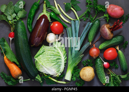 Hintergrund der Reife Gemüse im Garten gesammelt. Draufsicht auf das Essen zu Hause angebaut Stockfoto