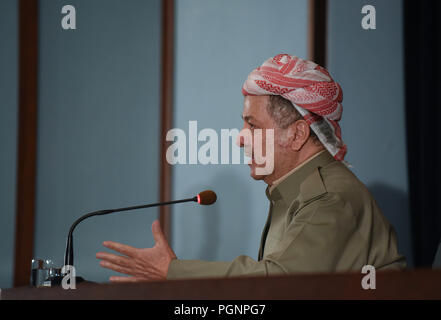 September 24, 2017 - Erbil Kurdistan: Kurdenführer Masoud Barzani Adressen einer Pressekonferenz einen Tag vor der historischen Volksabstimmung über die Unabhängigkeit der irakischen Kurdistan. Konferenz de presse du Leader kurde Massoud Barzani avant le Referendum sur l'independance du Kurdistan irakien. *** Frankreich/KEINE VERKÄUFE IN DEN FRANZÖSISCHEN MEDIEN *** Stockfoto