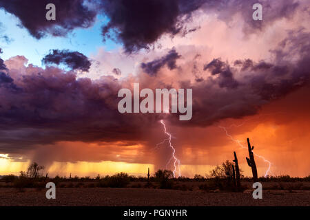 Dramatische Gewitterwolken mit Blitzeinschlag bei Sonnenuntergang über einer malerischen Wüstenlandschaft in Arizona Stockfoto