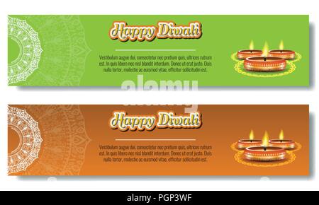 Abbildung: Brennende diya für Diwali Holiday Banner oder Poster deisgn Proben. Vector Illustration mit grün orange Farbe Hintergrund. Stock Vektor