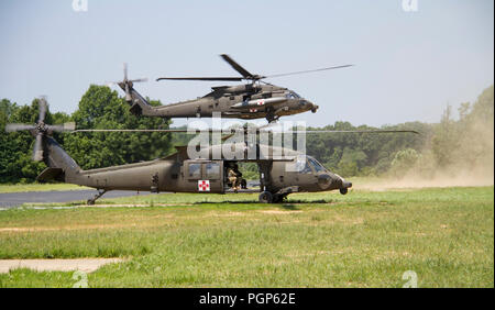 FORT KNOX, Ky. - Ein im Aviation Brigade (Usa) HH-60 M Krankenhaus Blackhawk landet auf dem Trainingsgelände während einer medizinischen Evakuierung (Medevac) Ausbildung, mit der 1 Theater Sustainment Command (TSC) Juli 12. Die 1. TSC Soldaten gelernt, wie man zu errichten und einen einzelnen Kanal, Boden- und Radio-System verwenden, einen Unfall zu bewerten und taktische Sorgfalt ausgeführt, Anfrage MEDEVAC Unterstützung und Sicherheit von Flugzeugen sowie taktische Antenne Flugbetrieb. (U.S. Armee Fotos von Herrn Brent Thacker) Stockfoto