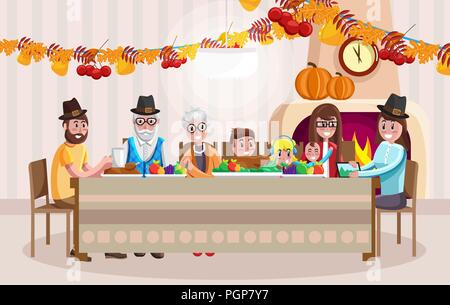 Cartoon Familie feiert Thanksgiving Day Stock Vektor