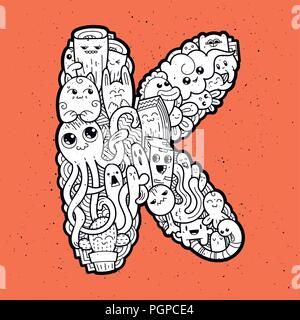 Schreiben K. Hand gezeichnet doodled Kinder schreiben K. Cute monstred Schriftzug, text Symbole. Vector Illustration für Web, Design, Dekoration, Bildung, Drucke, Stock Vektor