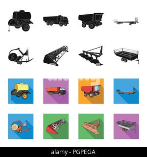 Pflug, Mähdrescher Dreschmaschine, Anhänger und andere landwirtschaftliche Geräte. Landwirtschaftliche Maschinen ein Sammlung Icons in Schwarz, flet Stil vektor Symbol lieferbar il Stock Vektor