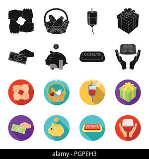 Hand mit Geld für poshestvovaniya, ein Sparschwein für Nächstenliebe, eine Schaltfläche mit der Beschriftung, ein Buch für Blinde in ihren Händen. Nächstenliebe und Spende Stock Vektor