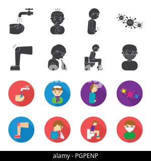 Ein Fuß mit einem Bluterguss im Knie, Niesen krank, ein Mann auf der Toilette sitzen, ein Mann in einem medizinischen Maske. Sick set Sammlung Icons in Schwarz, flet Style v Stock Vektor