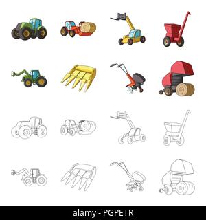 Motoblock und andere landwirtschaftliche Geräte. Landwirtschaftliche Maschinen ein Sammlung Icons im Cartoon, Outline style Vektor Symbol lieferbar Abbildung. Stock Vektor