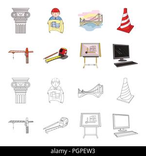 Baukran, Maßband messen, Zeichenbrett, Computer. Architektur Sammlung Icons im Cartoon, Outline style Vektor Symbol lieferbar il Stock Vektor