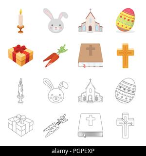 Kreuz, Bibel, Geschenk und Karotten. Ostern set Sammlung Icons im Cartoon, Outline style Vektor Symbol lieferbar Abbildung. Stock Vektor